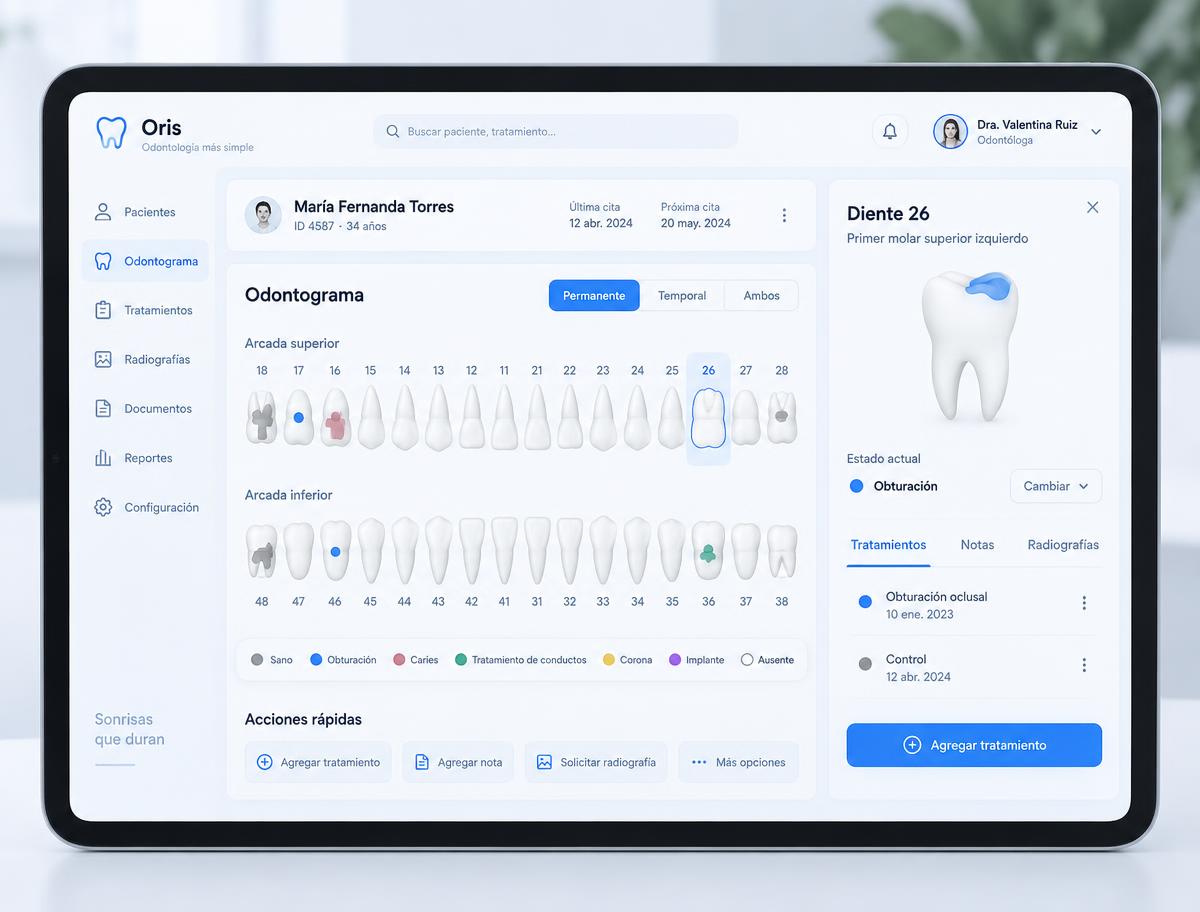 Odontograma interactivo de CLA Dental Systems en una tablet